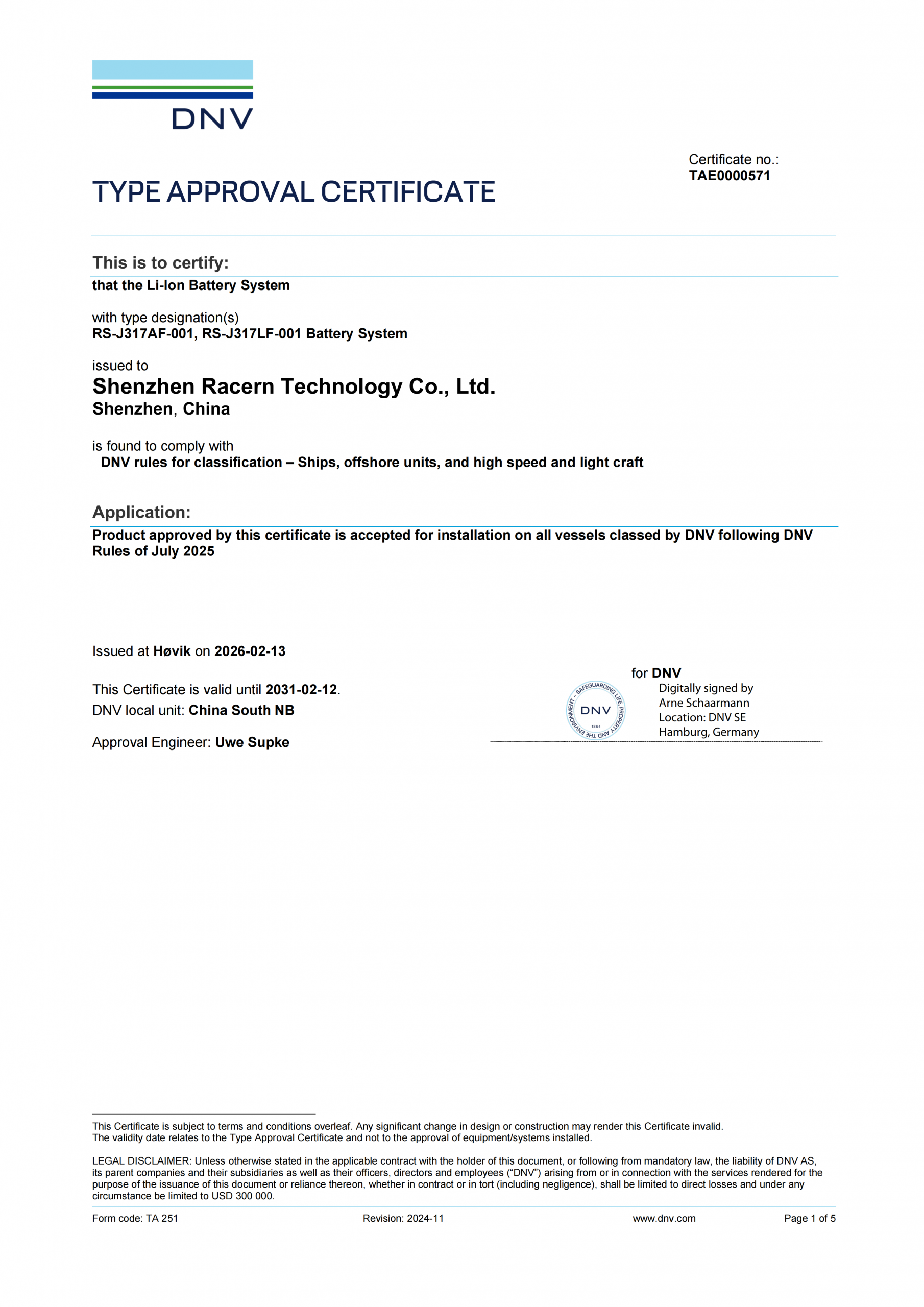 Certificate no.TAE0000571 For RS-J317AF-001 & RS-J317LF-001 Battery System_01